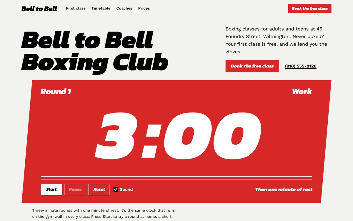 Bell to Bell Boxing Club website homepage view