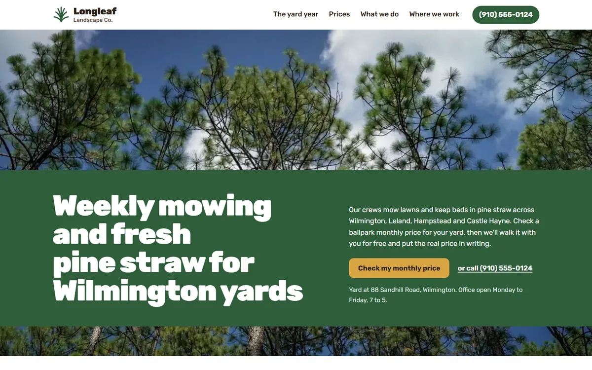 Longleaf Landscape Co. website homepage view