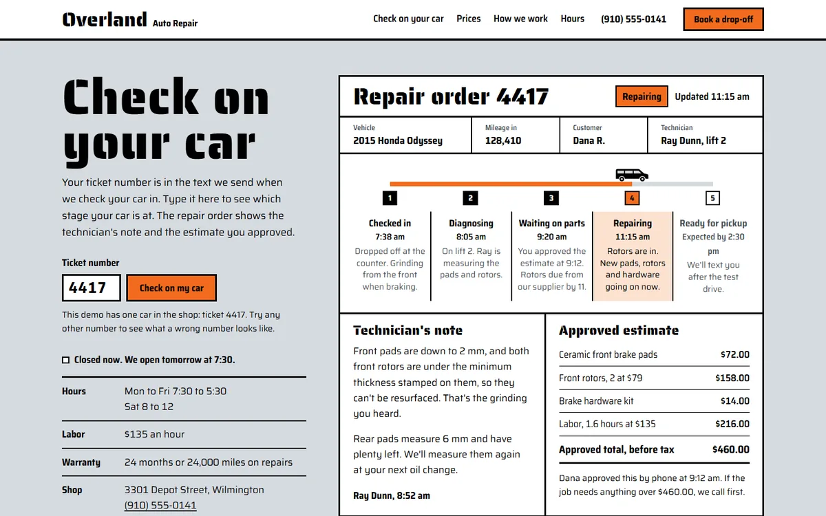 Overland Auto Repair website homepage view