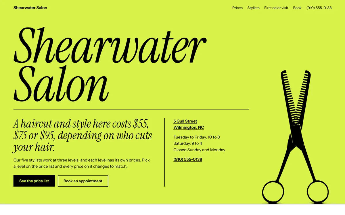 Shearwater Salon website homepage view