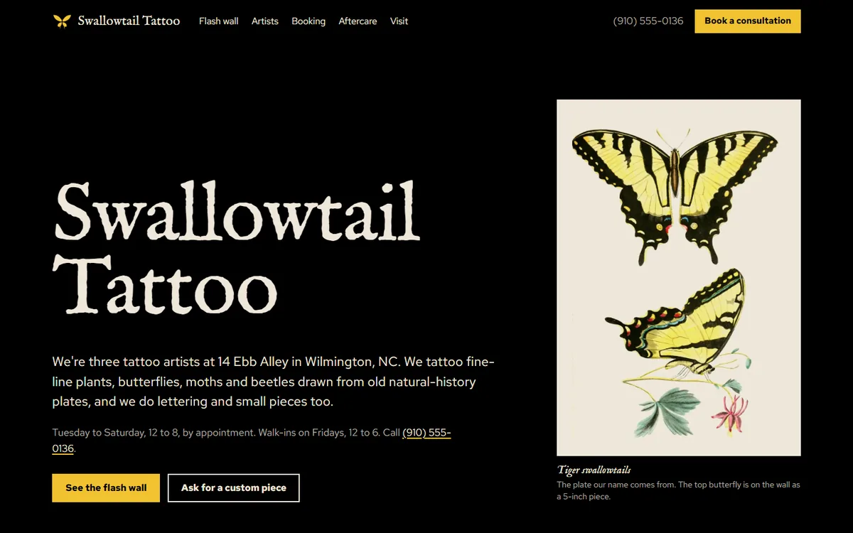 Swallowtail Tattoo website homepage view